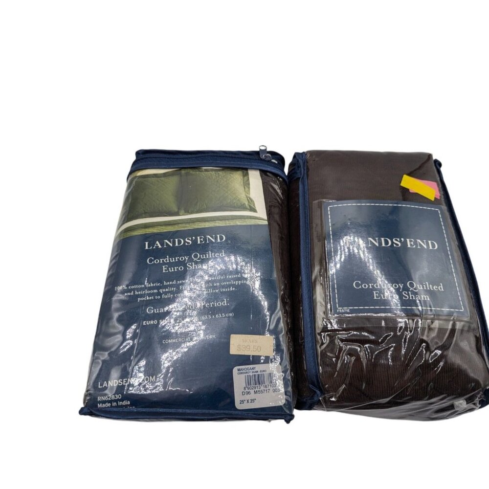 Lands End Brown Corduroy Quilted Euro Sham Set of 2 - 25" x 25" - 100% Cotton - Picture 2 of 6